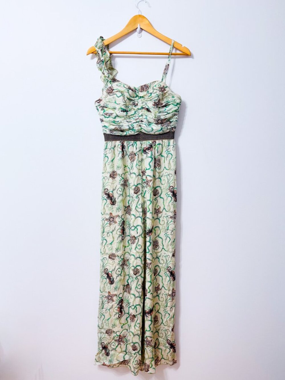 SPACE STYLE CONCEPT Green Gold Silk Metallic Print Wide Leg Jumpsuit Size 42 IT